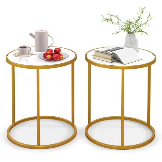 Marble Top Round Side Table 16-inch End Table With Golden Metal Frame-2 Pieces {4}