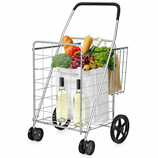 Costway Utility Shopping Cart Foldable Jumbo Basket Outdoor Grocery Laundry Silver {1}
