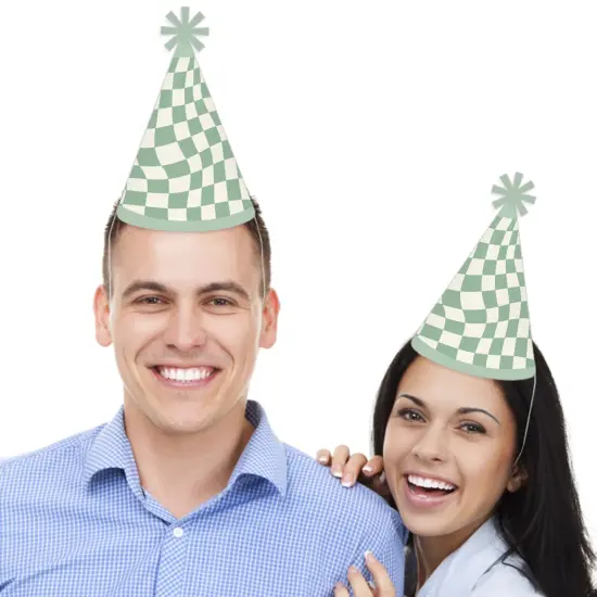 Big Dot of Happiness Sage Green Checkered Party - Cone Happy Birthday Party Hats for Kids and Adults - Set of 8 (Standard Size) {3}