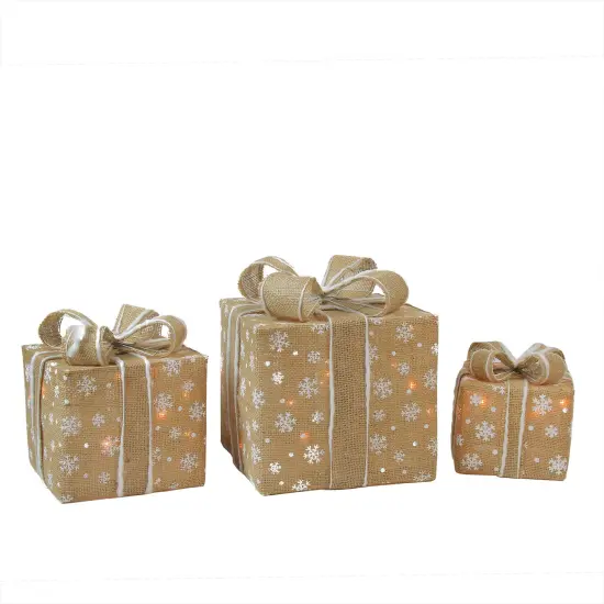 Northlight Lighted Snowflake Burlap Gift Boxes Outdoor Christmas Decorations - Clear - Set of 3 Brown {1}