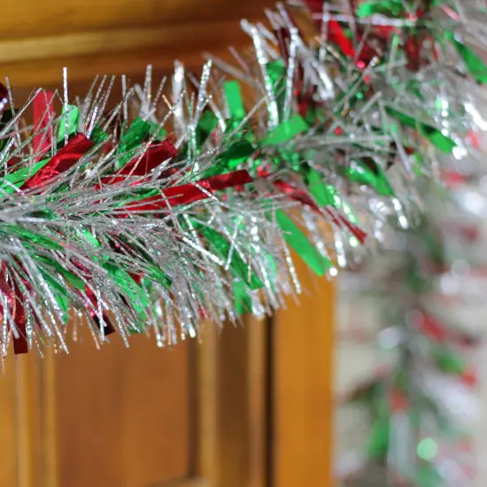 Northlight Wide Cut Tinsel Christmas Garland - 12' x 4" - Silver, Red and Green - Unlit {5}
