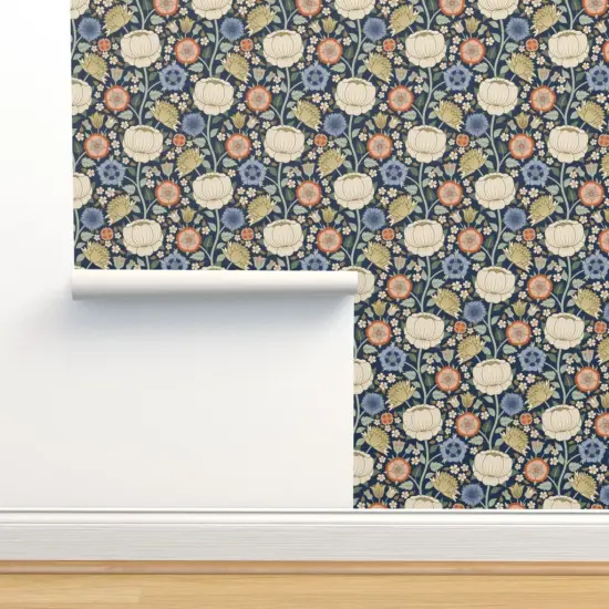 Peel & Stick Wallpaper 2FT Wide Arts And Crafts Antique Graphic Hand Drawn Flowers Victorian Renaissance Baroque Blue Beige Custom Removable Wallpaper by Spoonflower {2}