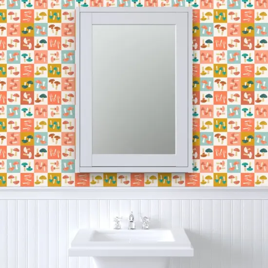 Pre-Pasted Wallpaper 2FT Wide Checkerboard Mushrooms Orange Blue Shrooms Toadstools Nature Botanical Whimsical Custom Pre-pasted Wallpaper by Spoonflower {6}