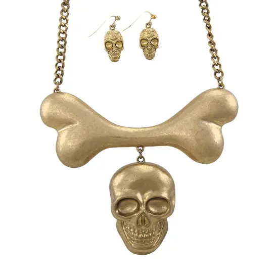 Burnished Goldtone Skull And Bones Bib Necklace - Matching Earrings {1}