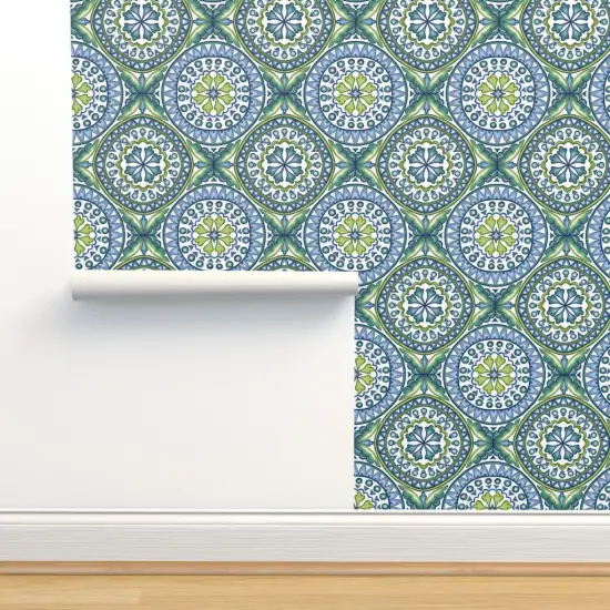 Peel & Stick Wallpaper 2FT Wide Green Blue Ocean Italian Italy Tile Sicily Sicilian Rosette Mandalas Modern Mosaic Geometric Coastal Large Scale Custom Removable Wallpaper by Spoonflower {2}