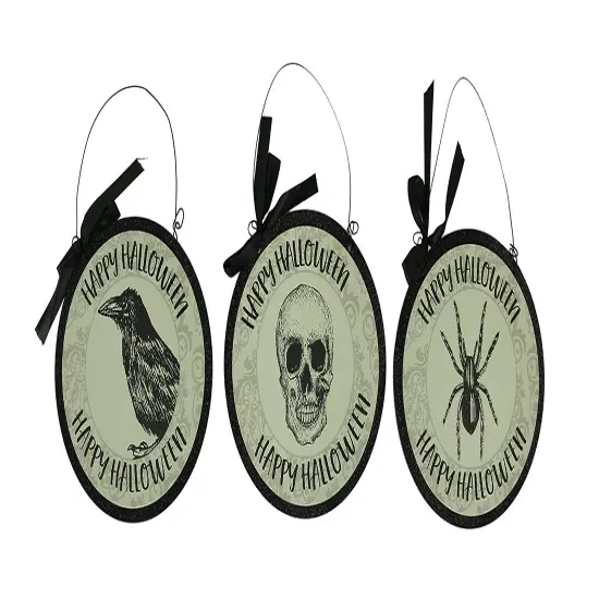 3 Piece Set of Vintage Gothic Happy Halloween Wall Hangings 9.5 inch {1}