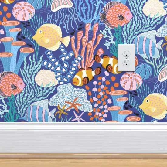 Peel & Stick Wallpaper 2FT Wide Coral Reef Blue Colorful Tropical Under The Sea Coastal Custom Removable Wallpaper by Spoonflower {4}