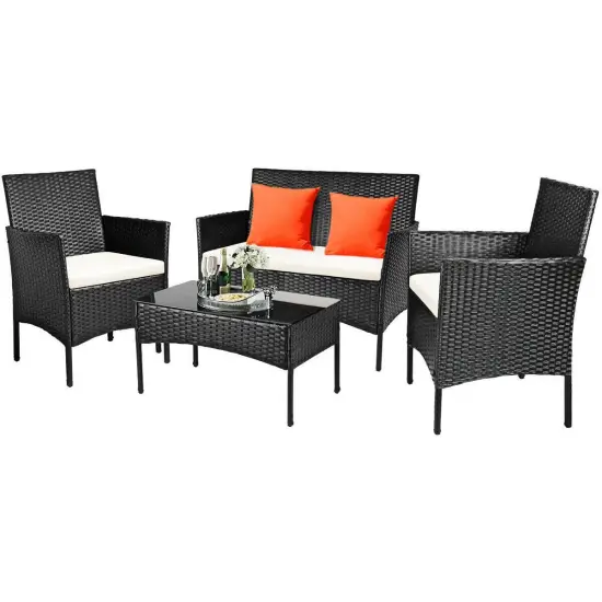 4 Pcs Patio Rattan Cushioned Sofa Furniture Set with Tempered Glass Coffee Table White {1}