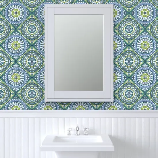 Peel & Stick Wallpaper 2FT Wide Green Blue Ocean Italian Italy Tile Sicily Sicilian Rosette Mandalas Modern Mosaic Geometric Coastal Large Scale Custom Removable Wallpaper by Spoonflower {6}