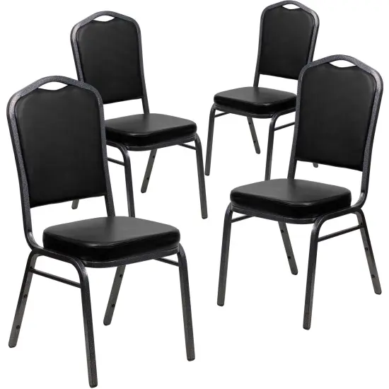 Emma and Oliver 4 Pack Crown Back Stacking Banquet Chair BlackVyl/SilverVein {1}