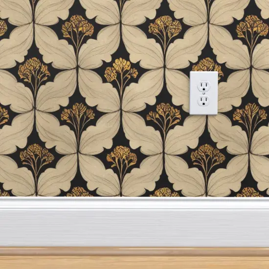 Pre-Pasted Wallpaper 2FT Wide Victorian Flowers Art Nouveau Moody Botanical Art Deco William Morris Inspired Leaves Black Beige Custom Pre-pasted Wallpaper by Spoonflower {4}