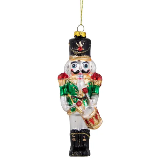 Northlight 5.25" Green, Red and Gold Nutcracker With Drum Glass Christmas Ornament White {1}