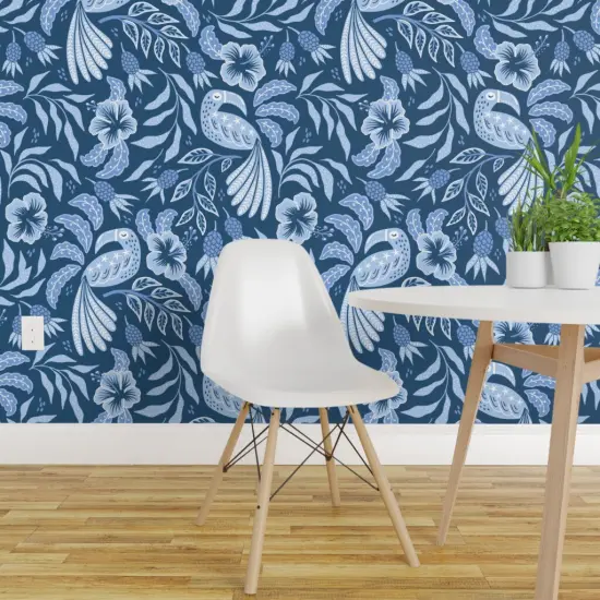 Pre-Pasted Wallpaper 2FT Wide Hibiscus Garden Tropical Toucan Pineapple Denim Blue Custom Pre-pasted Wallpaper by Spoonflower {1}