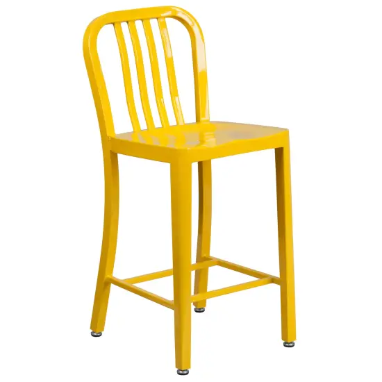 Merrick Lane Santorini Galvanized Steel Indoor/Outdoor Counter Bar Stool With Slatted Back And Powder Coated Finish Yellow {1}