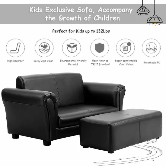 Soft Kids Double Sofa with Ottoman Black {5}