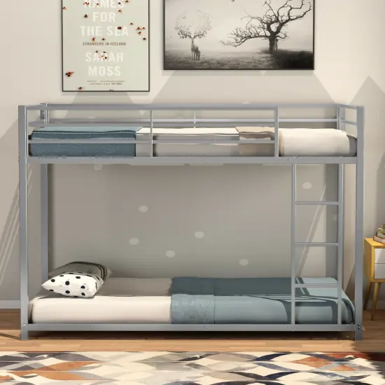 Steel Twin Bunk Bed with Ladder and Guardrails Silver {3}