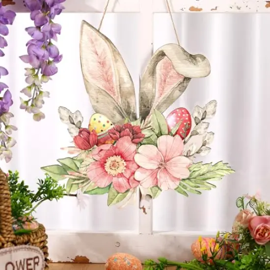 Juexica Easter Door Sign Bunny Ear Hanging Door Decor Easter Flower Wooden Sign Wall Hanging Decorations for Front Door Wood Porch Decor Wall Pediments {6}