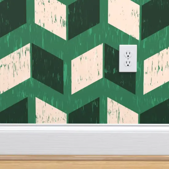 Peel & Stick Wallpaper 2FT Wide Vintage Cream Green Retro Dark Ikat Pattern Faux Modern Mid-Century Funky Geometric Large Scale Custom Removable Wallpaper by Spoonflower {4}