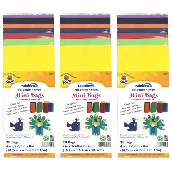 Mini Kraft Bag, Assorted Bright Colors, 4-1/8" x 2-5/8" x 8", 28 Per Pack, 3 Packs {1}