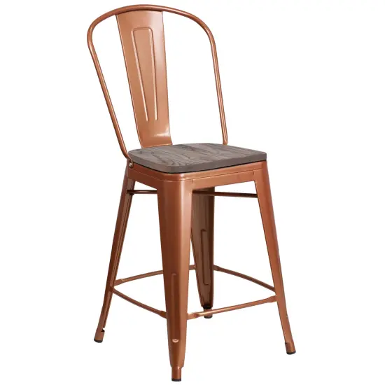 Merrick Lane Sarah 24" Metal Indoor-Outdoor Counter Stool with Vertical Slat Back, Integrated Footrest and Wood Seat Copper {1}