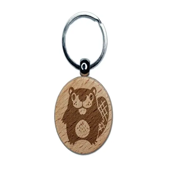 Kawaii Cute Beaver Buddy Engraved Wood Round Keychain Tag Charm {1}