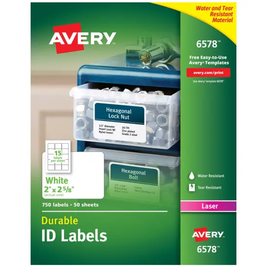 Avery Durable ID Labels, Permanent Adhesive, 2" x 2-5/8", 750 Labels (6578) {1}