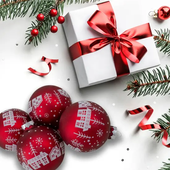 Northlight Snowy City Christmas Glass Ball Ornaments - 3.25" (80mm) - Red - 4ct {4}