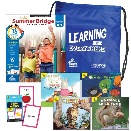 Summer Bridge Activities K-1 Bundle, Ages 5-6, Math, Reading Comprehension, Science, and Writing Summer Learning 1st Grade Workbooks, Sight Word Flash Cards, Children's Books, and Drawstring Bag {1}