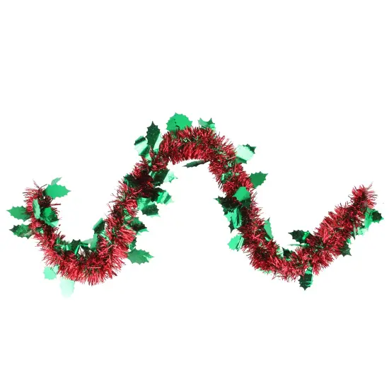 Northlight Shiny Tinsel Commercial Christmas Garland with Holly 50' - Red and Green - Unlit {1}