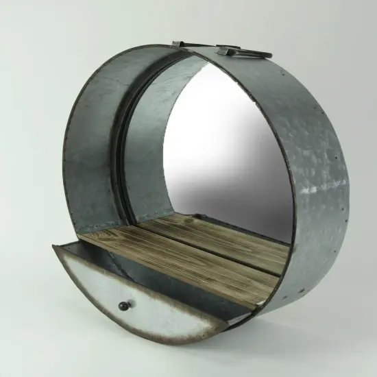 Rustic Galvanized Metal Tub Frame Round Wall Mirror with Drawer {3}