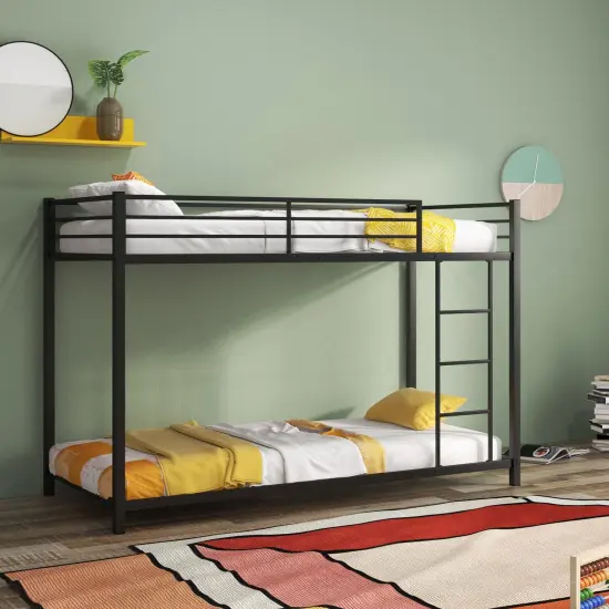 Twin Over Twin Metal Bunk Bed, Low Profile, Safe, No Box-Spring Black {2}