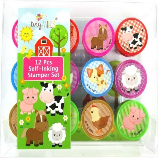 TINYMILLS 12 Pcs Farm Animals Stamp Kit for Kids - Farm Animals Barnyard Self Inking Stamps Gift Party Favors {1}