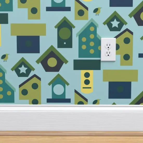 Peel & Stick Wallpaper 2FT Wide Birdhouse Colorful Cheerful Gardening Birding Teal Blue Green Custom Removable Wallpaper by Spoonflower {4}