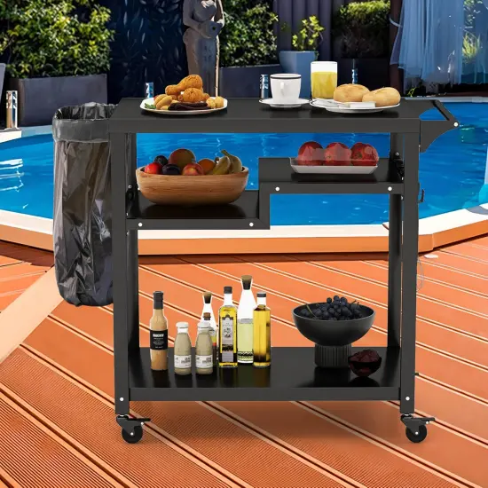 Costway Rolling Grill Cart 3-Shelf BBQ Table Pizza Oven Stand with Trash Bag Holder & Hooks {5}