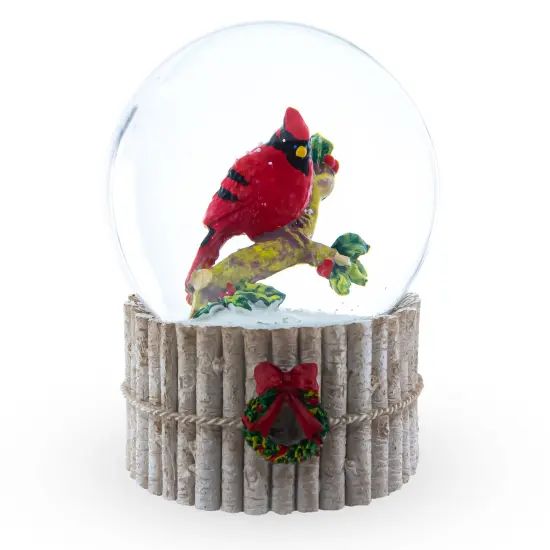 Red Cardinal on Birch Tree and Wreath Musical Water Globe {1}