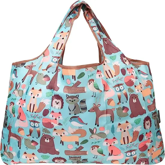 Wrapables Large Foldable Tote Nylon Reusable Grocery Bags, 5 Pack Cuddly Animals {4}