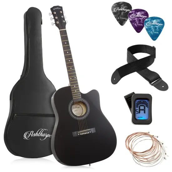 Ashthorpe 41-inch Beginner Cutaway Acoustic Guitar Package, Full Size Basic Starter Kit w/ Gig Bag, Strings, Strap, Tuner, Picks Black {1}