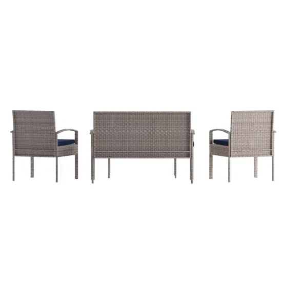 Emma and Oliver 4 Piece Patio Set with Steel Frame and Cushions - Outdoor Seating Light Gray/Navy {4}