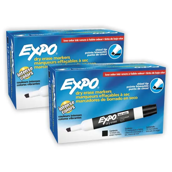 Low-Odor Dry Erase Markers, Chisel Tip, Black, 12 Per Box, 2 Boxes {1}
