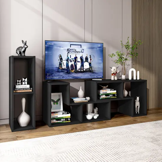 3 Pieces Console TV Stand for TVs up to 65 Inch with Shelves Black {3}