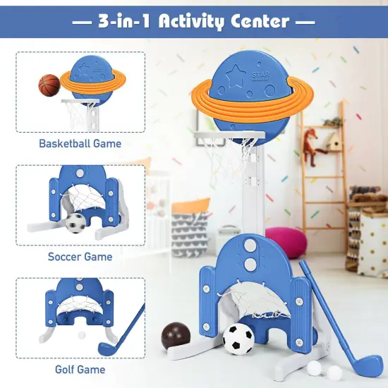 3 in 1 Kids Basketball Hoop Set with 5 Adjustable Height Levels Perfect Gift for Children Blue {3}