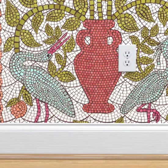 Pre-Pasted Wallpaper 2FT Wide Birds Stone Fruit Art Deco Lemon Crane Heron Peaches Arts And Crafts Amphora Tree Faux Mosaic Large Scale Custom Pre-pasted Wallpaper by Spoonflower {4}