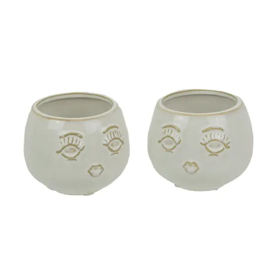 Set of 2 Ceramic Round Female Face Mini Succulent Planters 3 Inches Tall {1}