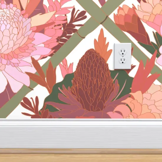 Peel & Stick Wallpaper 2FT Wide Pink Botanical Lattice Chinoiserie Trellis Boho Hawaiian Floral Tropical Mauve Large Scale Custom Removable Wallpaper by Spoonflower {4}