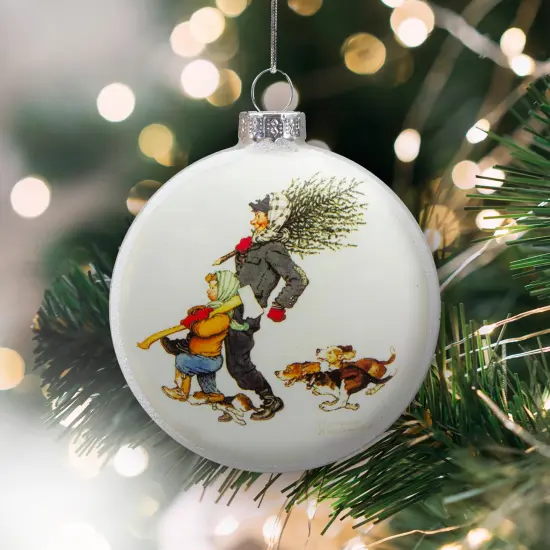 Northlight Norman Rockwell 'Bringing Home The Tree' Glass Disc Christmas Ornament - 3" White {3}
