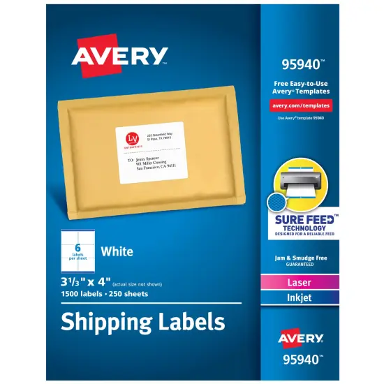Avery Shipping Labels, Sure Feed Technology, Permanent Adhesive, 3-1/3" x 4", 1,500 Labels (95940) {1}