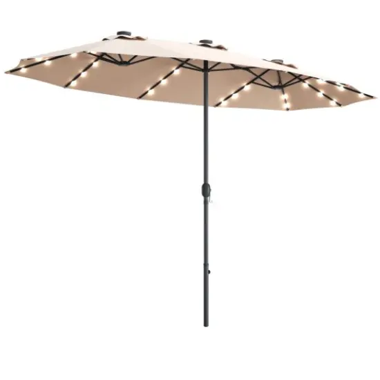 15 Ft Patio Led Crank Solar Powered 36 Lights Umbrella Without Weight Base Beige {3}