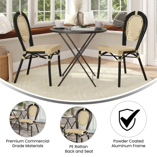 Merrick Lane Toulon Set of Two Stacking Thonet Bistro Style Chair, PE Cane Rattan Seat, and Metal Frame for Indoor/Outdoor Use Natural/Black Frame {4}