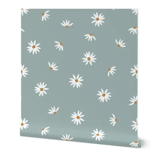 Peel & Stick Wallpaper 2FT Wide Dusty Blue Floral Ditsy Coneflower White Flowers Small Scale Boho Kids Whimsical Meadow Custom Removable Wallpaper by Spoonflower {7}