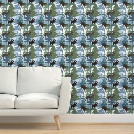 Pre-Pasted Wallpaper 2FT Wide Blue Woods Outdoor Green Trees Moose Wildlife. Pines Forest Winter Custom Pre-pasted Wallpaper by Spoonflower {5}